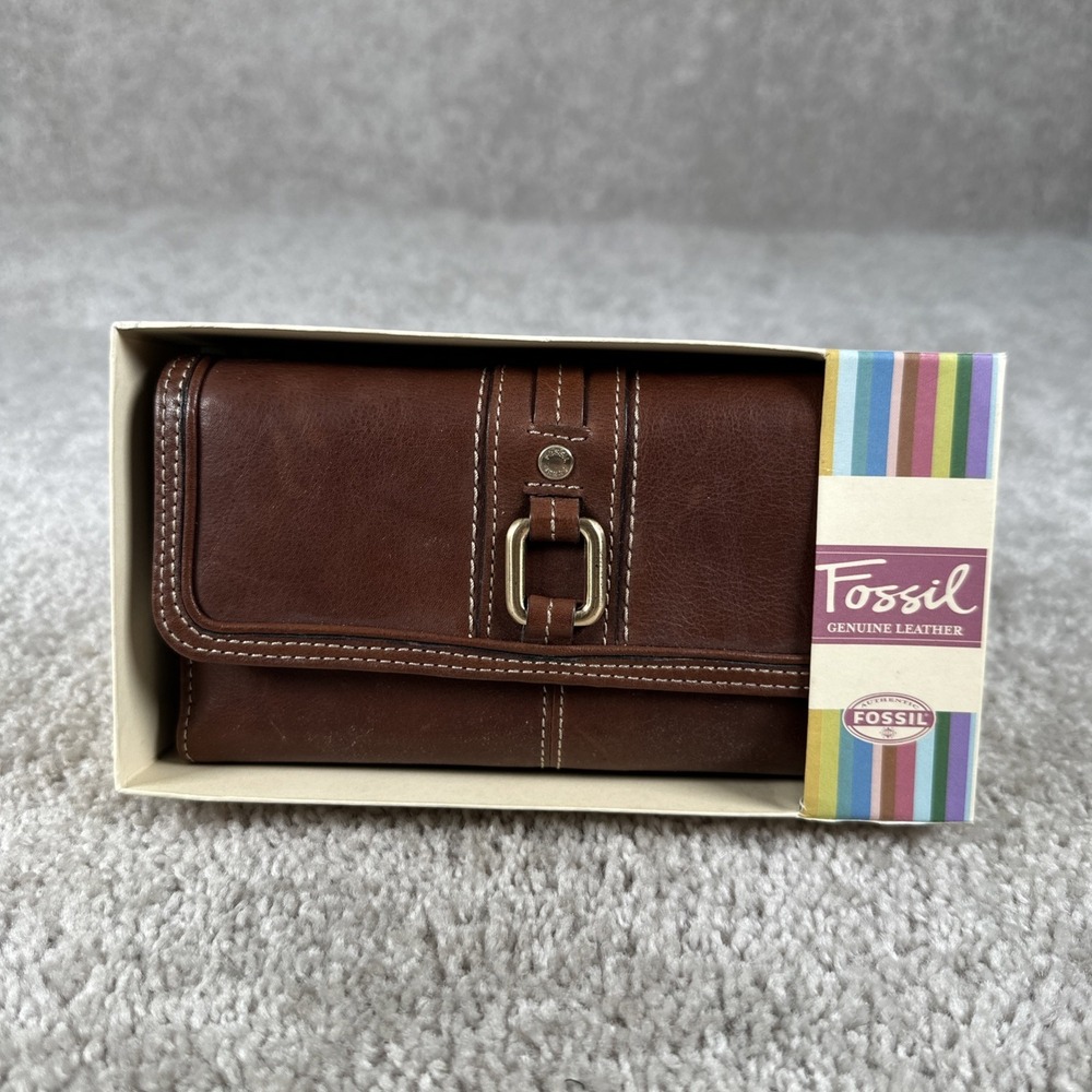 Fossil Flap Clutch Brown Leather Wallet Brass Square Hardware Buckle NIB